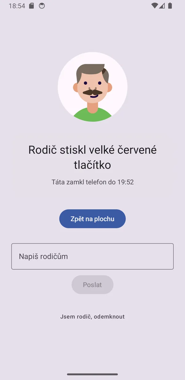 Blokovací obrazovka na dětském telefonu: postava táty, důvod zamčení a tlačítko požádat o čas.