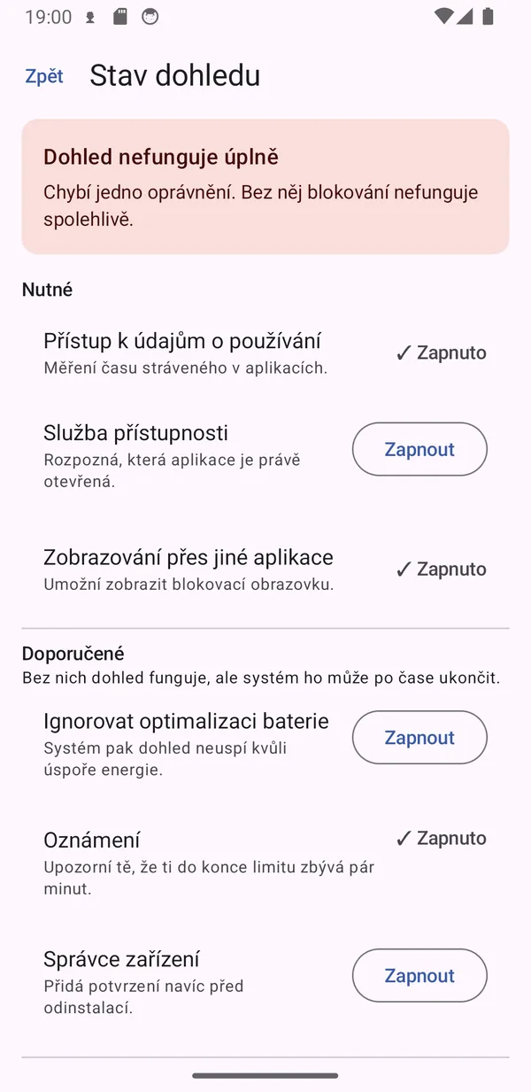 Obrazovka Stav dohledu s chybějícími oprávněními