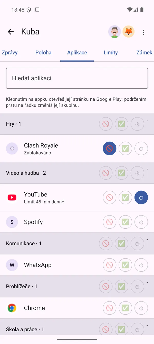 Seznam aplikací dětského telefonu ve skupinách