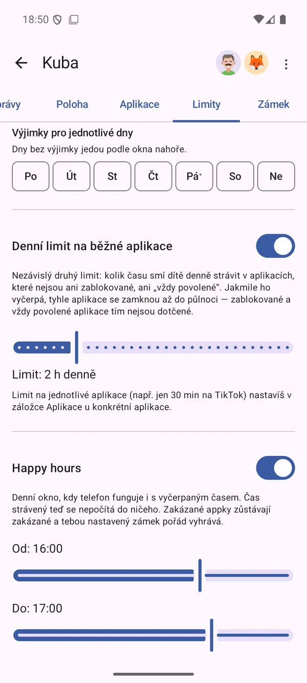 Nastavení okna Happy hours