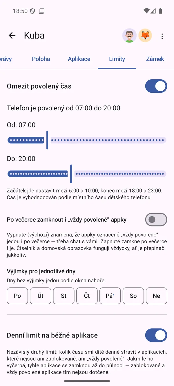 Nastavení povolených hodin a denního limitu