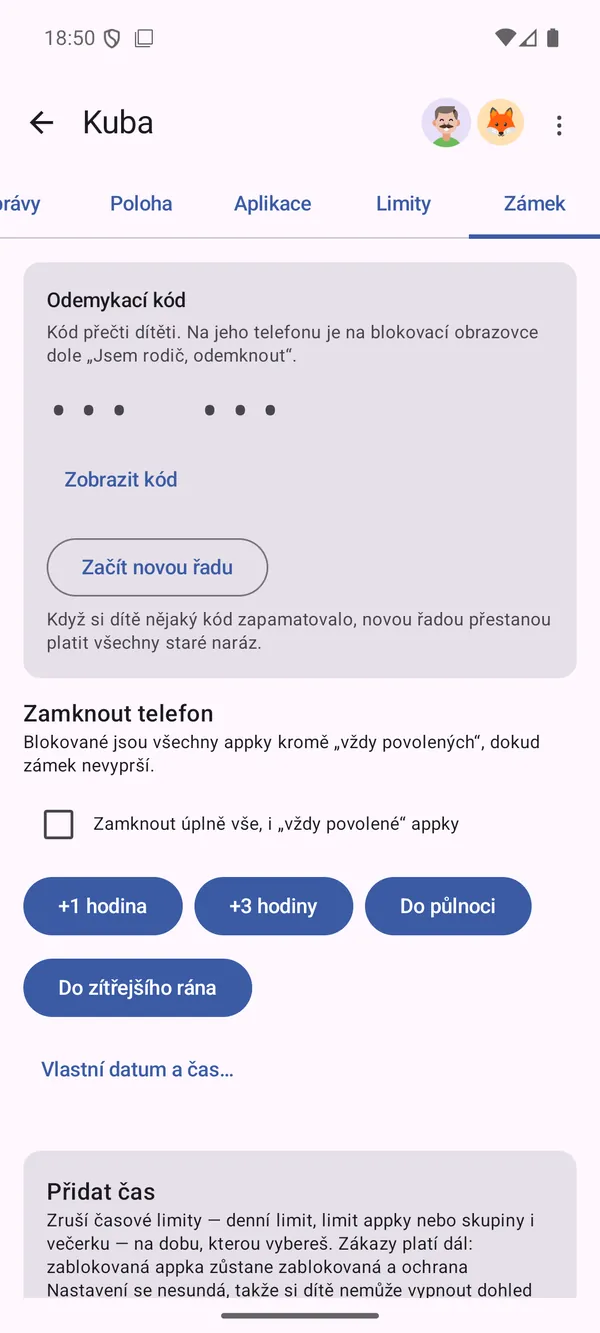 Okamžitý zámek, přidání času a odemykací kód