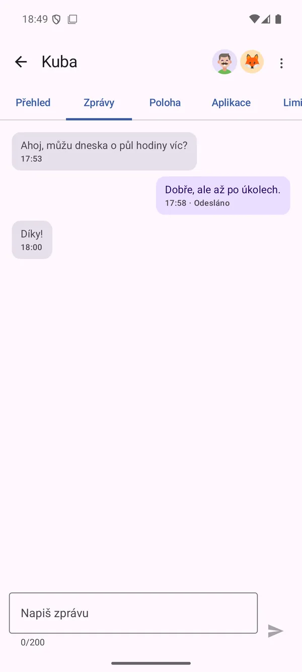 Záložka Zprávy u rodiče