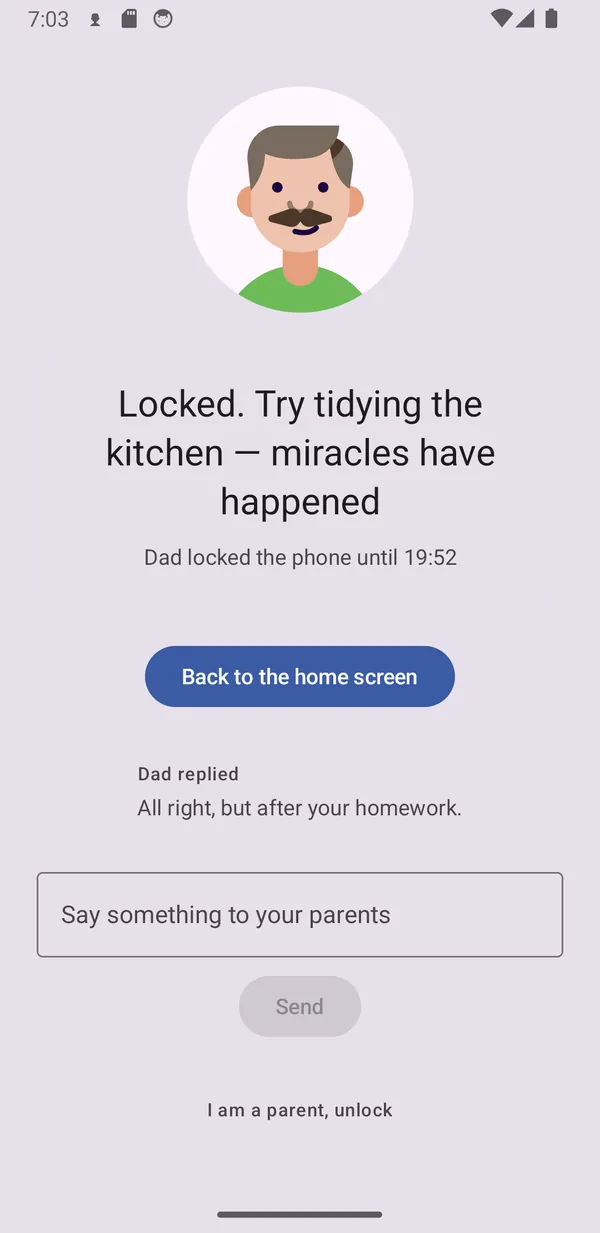 Block screen on the child's phone: Dad's character, the reason for the lock and a button to ask for time.