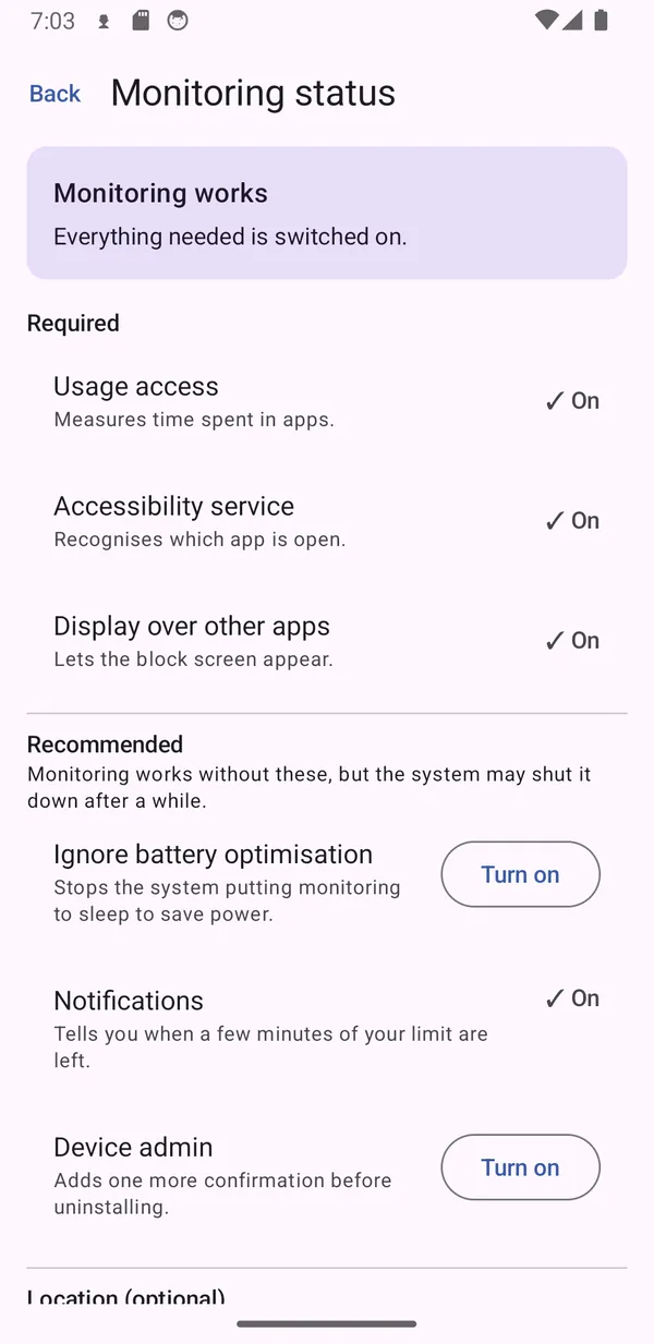 Monitoring status screen with a missing permission