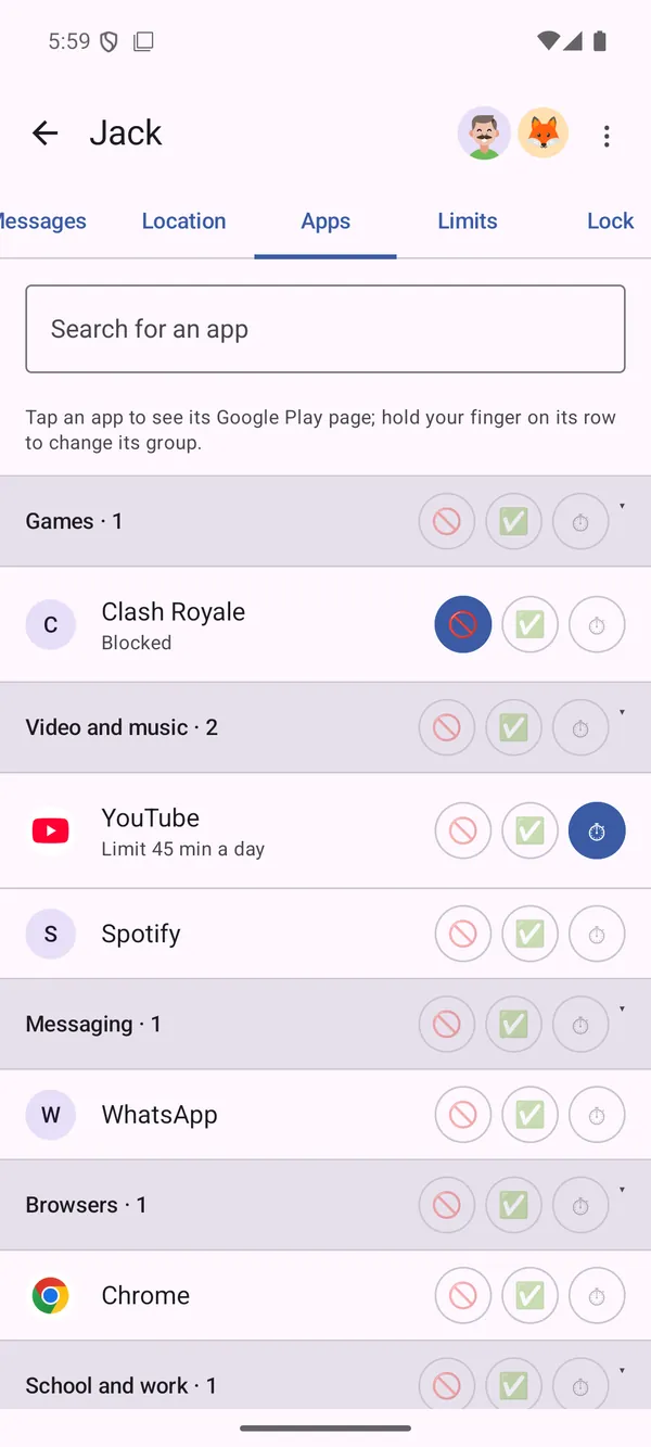 Apps on the child's phone, sorted into groups