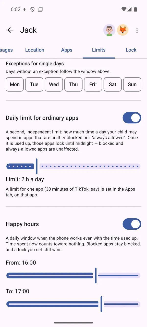 Happy hours window settings
