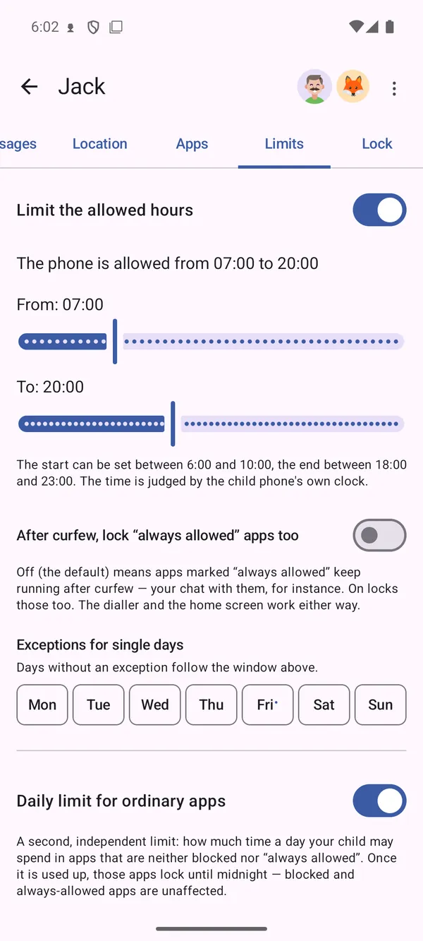 Allowed hours and daily limit settings