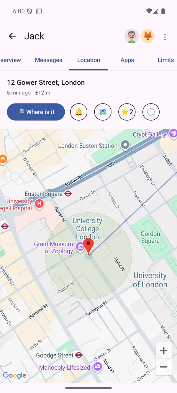 Map with the phone's last position and saved places