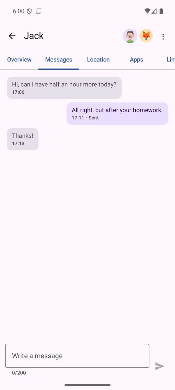 Messages tab on the parent side